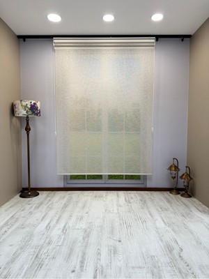 Çift Mekanizmalı Açık Gri Çizgili Desenli Tül ve Beyaz Mat Stor Perde