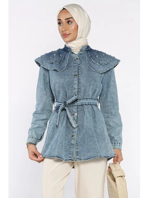 Bebe Yaka Bel Kuşaklı Tesettür Jean Kot Tunik P-00017913