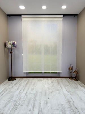 Çift Mekanizmalı Beyaz Çizgili Desenli Tül ve Beyaz Mat Stor Perde