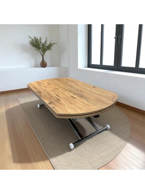 Yan Baştan Açılır Oval Akıllı Yemek Masası Mdf Tabla Alt Mekanizma Metal Krom Kaplama