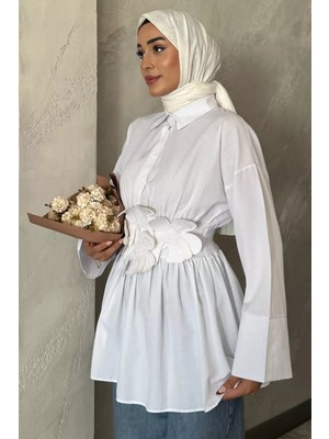 Gömlek Yaka Papatya Aplikeli Bel Lastikli Tesettür Tunik P-00017985