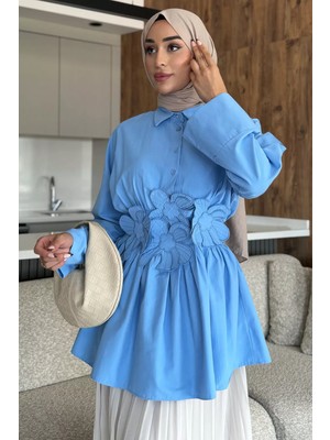 Gömlek Yaka Papatya Aplikeli Bel Lastikli Tesettür Tunik P-00017985