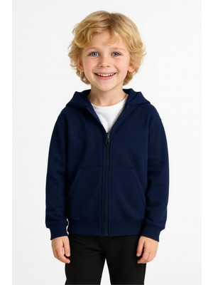 Ahengim Kız - Erkek Çocuk Basic Fermuarlı Kalın 3 İplik Kışlık Sweat Lacivert Yumuşak Kumaş