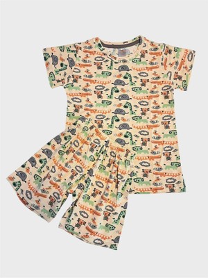 Erkek Çocuk %100 Pamuklu Bej Rengi Safari Desenli Kısa Kollu Şortlu Yazlık Pijama Takımı