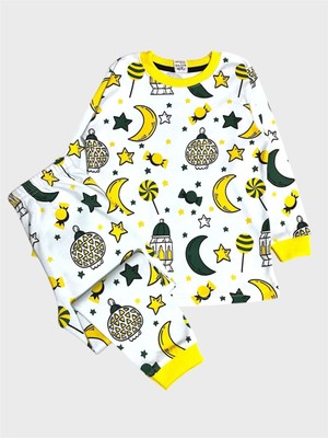 Erkek Çocuk %100 Pamuklu Beyaz Ramazan Temalı Şeker Ay Yıldız Desenli Uzun Kollu Pijama Takımı