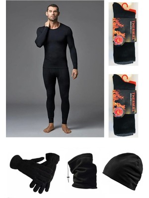 Erkek Siyah Termal Alt Üst Takım-Polar Şapka-Eldiven-Boyunluk-2 Çift Termal Çorap Set