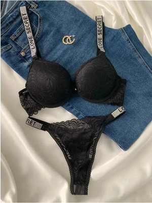 Gold Night Kadın Siyah Dantelli Taşlı Balenli Destekli Dolgulu Push Up Sütyen Takımı Iç Çamaşırı Takımı
