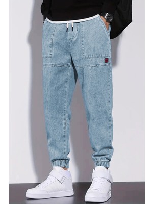 Erkek Mavi Beli ve Paçası Lastikli Regular Fit Rahat Kesim Jean Denim Kot Pantolon RF0483