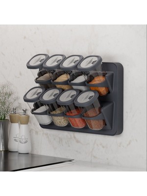8’li Asmalı Kendinden Yapışkanlı Tezgah Üstü Stantlı Döner Kapaklı Baharatlık Seti