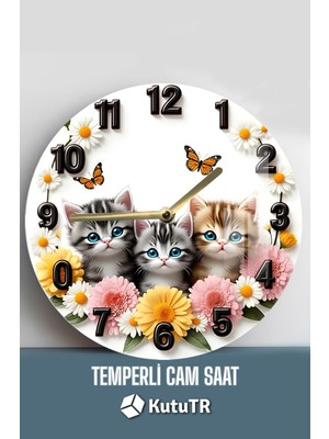 Çiçekler Arasında Sevimli Kedi Desenli 3D Görünümlü Temperli Cam Saat – 33 cm CSDW231