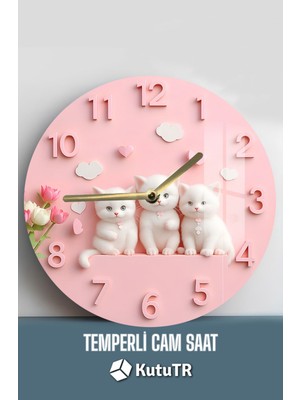 Sevimli Kedi Tasarımlı 3D Görünümlü Temperli Cam Saat – 33 cm CSDW259