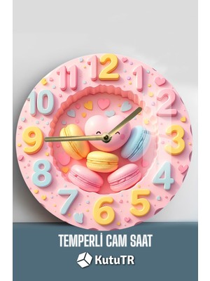 Pembe Macaron & Kalp Desenli 3D Görünümlü Temperli Cam Saat – 33 cm CSDW233