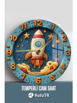 Roket ve Yıldızlı Gökyüzü Desenli 3D Görünümlü Temperli Cam Saat – 33 cm CSDW236