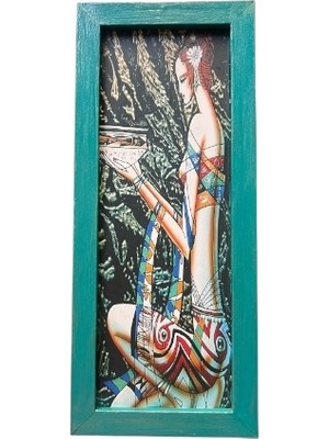 Turkuaz Ahşap Çerçeveli “kulağında Çiçekli Kadın” Baskı Küçük Tablo – 26×11 cm