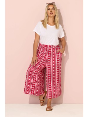 Büyük Beden Etnik Desenli Beli Lastikli Paçası Bol Pantolon 145344