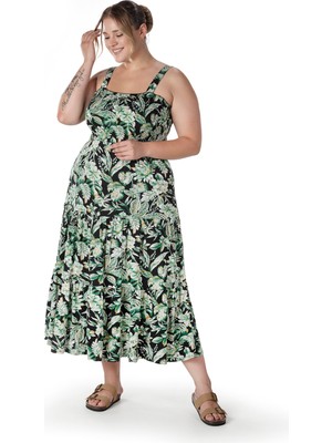 Büyük Beden Çiçek Desenli Kalın Askılı Beli Lastikli Elbise T-82