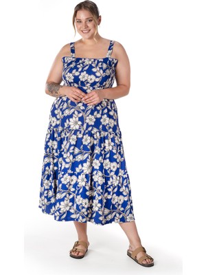 Büyük Beden Çiçek Desenli Kalın Askılı Beli Lastikli Elbise T-80