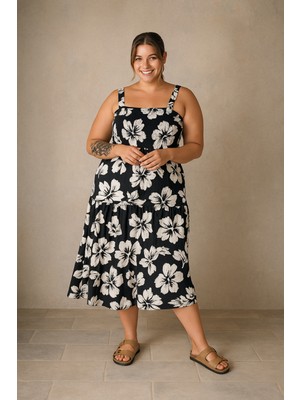 Büyük Beden Çiçek Desenli Kalın Askılı Beli Lastikli Elbise T-79