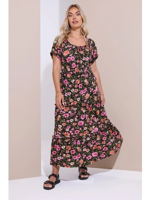 Büyük Beden Kısa Kollu Çiçek Desenli Yakası Büzgülü Maxi Elbise 270237