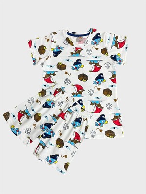 Erkek Çocuk %100 Pamuklu Beyaz Yelken Balık Desenli Kısa Kollu Şortlu Yazlık Pijama Takımı