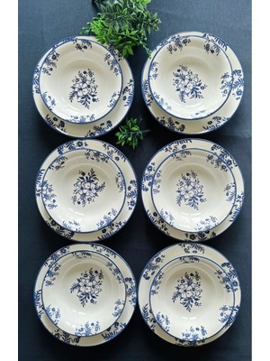 Hooly Yasemin Model 12 Parça Mavi Seramik Yemek Takımı 6 Kişilik Desenli