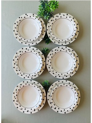 Siyah Kalp Model 12 Parça Modern Yemek Takımı (6 Çorba + 6 Yemek Tabağı)