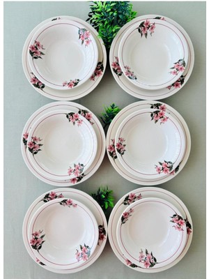 Hooly 12 Parça Pembe Karçiçeği Model Yemek Takımı Seramik 6 Kişilik Desenli
