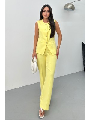 Kadın Ikili Alt Üst Takım Şık Düğme Detaylı Bisiklet Yaka Regular Yelek Pantolon Takım