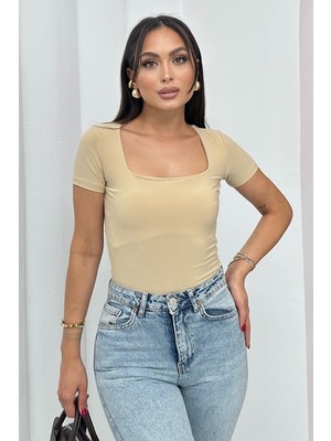 Kadın Kısa Kollu T-Shirt Kare Yaka Çift Kat Sandy Kumaş Crop T-Shirt
