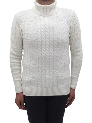 Santa Fistan Store Erkek Ekru Desenli Spor Kesim Dar Kalıp Tam Balıkçı Yaka Kışlık Yünlü Kazak