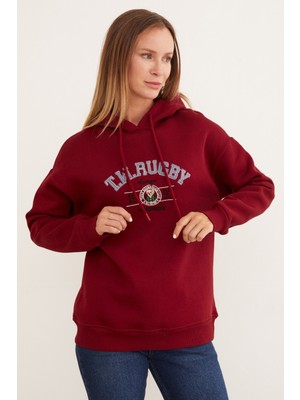 3 Iplik Rugby Nakışlı Kapüşonlu Sweatshirt