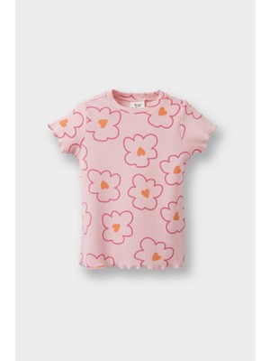 DeFacto Kız Bebek Bisiklet Yaka Çiçek Desenli Fitilli Kaşkorse Kısa Kollu Tişört F3508A525AU