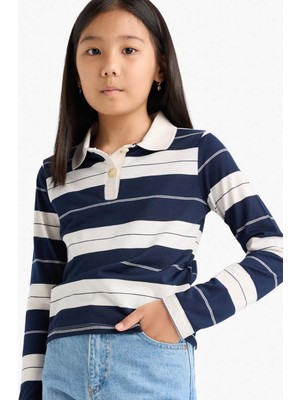 DeFacto Kız Çocuk Fitted Polo Yaka Çizgili Uzun Kollu Tişört F2253A825AU