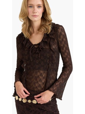 DeFacto Fitted V Yaka Volanlı Dantel Uzun Kollu Bluz G0601AX25AU