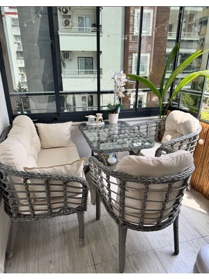 Kartepe 2 1 1 Rattan Bahçe Balkon Takımı,GRİ RATTAN/KREM KUMAŞ