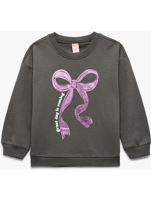 Uzun Kollu Şardonlu Bisiklet Yaka Fiyonk Baskılı Sweatshirt