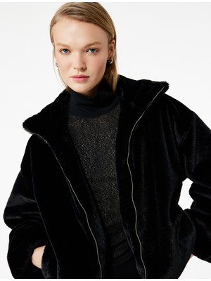 Suni Kürklü Uzun Kollu Gömlek Yaka Oversize Ceket