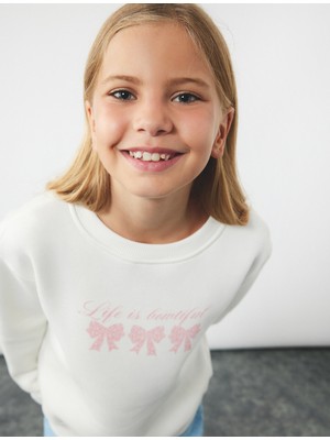 Üç Iplik Uzun Kollu Bisiklet Yaka Fiyonk Baskılı Sweatshirt
