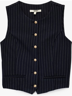 Slim Fit Kolsuz Bisiklet Yaka Çizgili Blazer Yelek