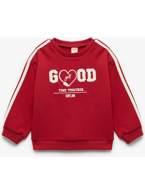 Uzun Kollu Şardonlu Şerit Detaylı Nakışlı Bisiklet Yaka Sweatshirt