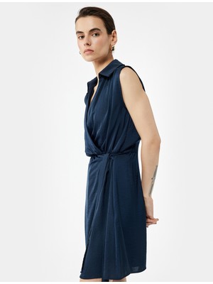 Aerobin Kumaş Gömlek Yaka Kolsuz Mini Kruvaze Saten Elbise