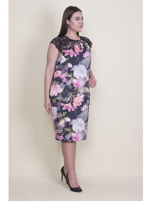 Şans Kadın Renkli Dantel Detaylı Çiçek Desenli Astarlı Elbise 65N22423