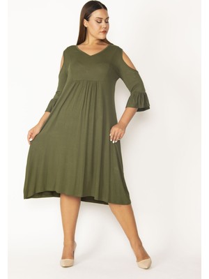 Kadın Haki Omuz Dekolteli Göğüs Büzgü ve Kol Volan Detaylı Viskon Elbise 65N27447