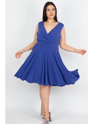 Kadın Saks Anvelop Yaka Arka Bel Lastik Detaylı  Elbise 65N29763