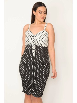 Şans KADIN SİYAH BÜZGÜ DETAYLI PUAN DESEN ASKILI ELBİSE