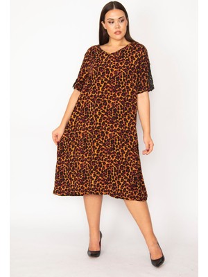 Kadın Leo Dantel Detaylı V Yakalı Leopar Desenli Elbise 65N29933