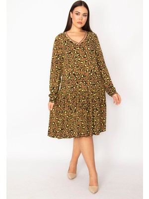 Kadın Desenli Yaka Ribanalı Eteği Katlı Elbise 65N29518