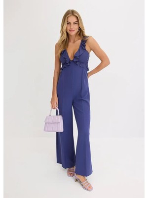 Kadın Büyük Beden Indigo, Şifon Detaylı, Derin Yakalı Şık Tulum 65N38960