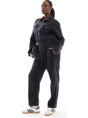 Şans Kadın Büyük Beden Füme Yıkamalı Kot Tulum Fermuarlı Bel Lastik Detaylı Uzun Kol Gömlek Yaka