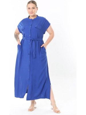 Kadın Büyük Beden Saks, Ön Boy Düğmeli, Kuşaklı Uzun Elbise 65N38956